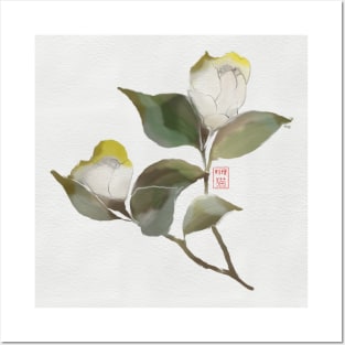 White watercolor and sumiE ink camellias Posters and Art